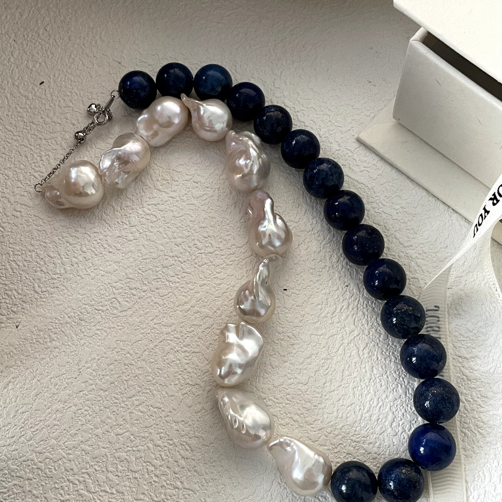 Artistic Natural Lapis Lazuli Baroque Pearl Necklace