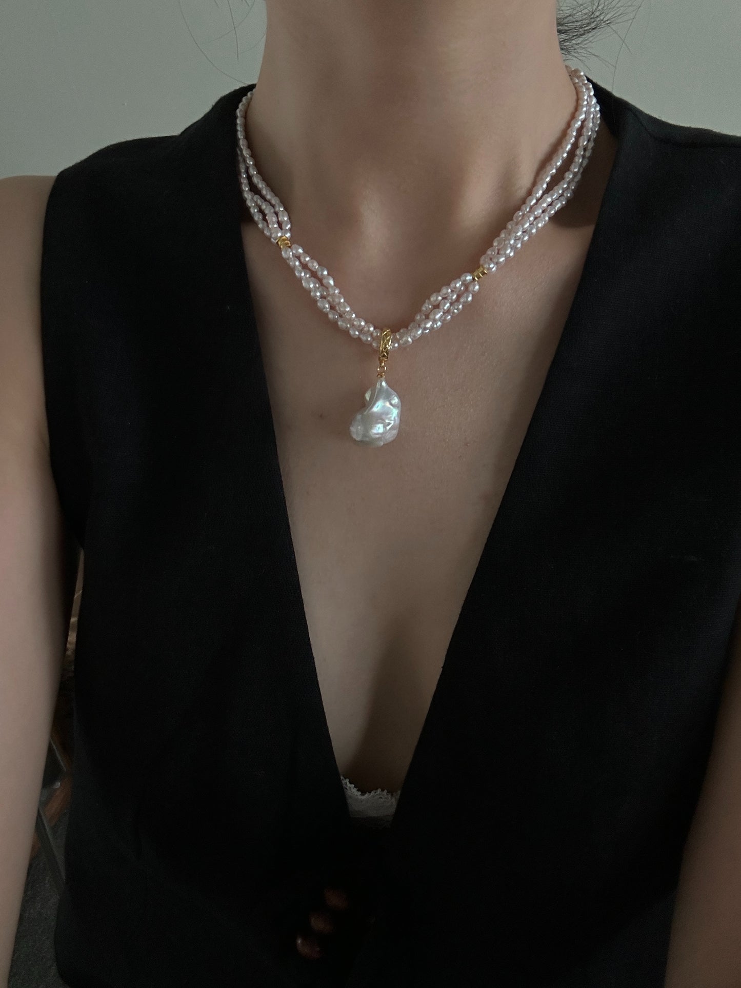 Triple-Strand Natural Pearl Necklace