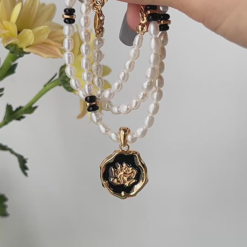 
                      
                        Load and play video in Gallery viewer, Camellia Pendant Natural Pearl Enamel Necklace
                      
                    